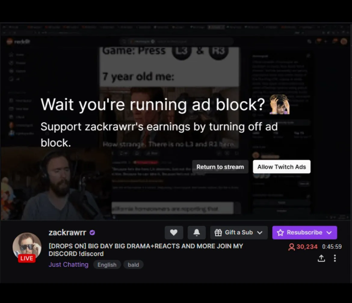 Сообщение от Twitch с просьбой выключить Adblock | Источник: X