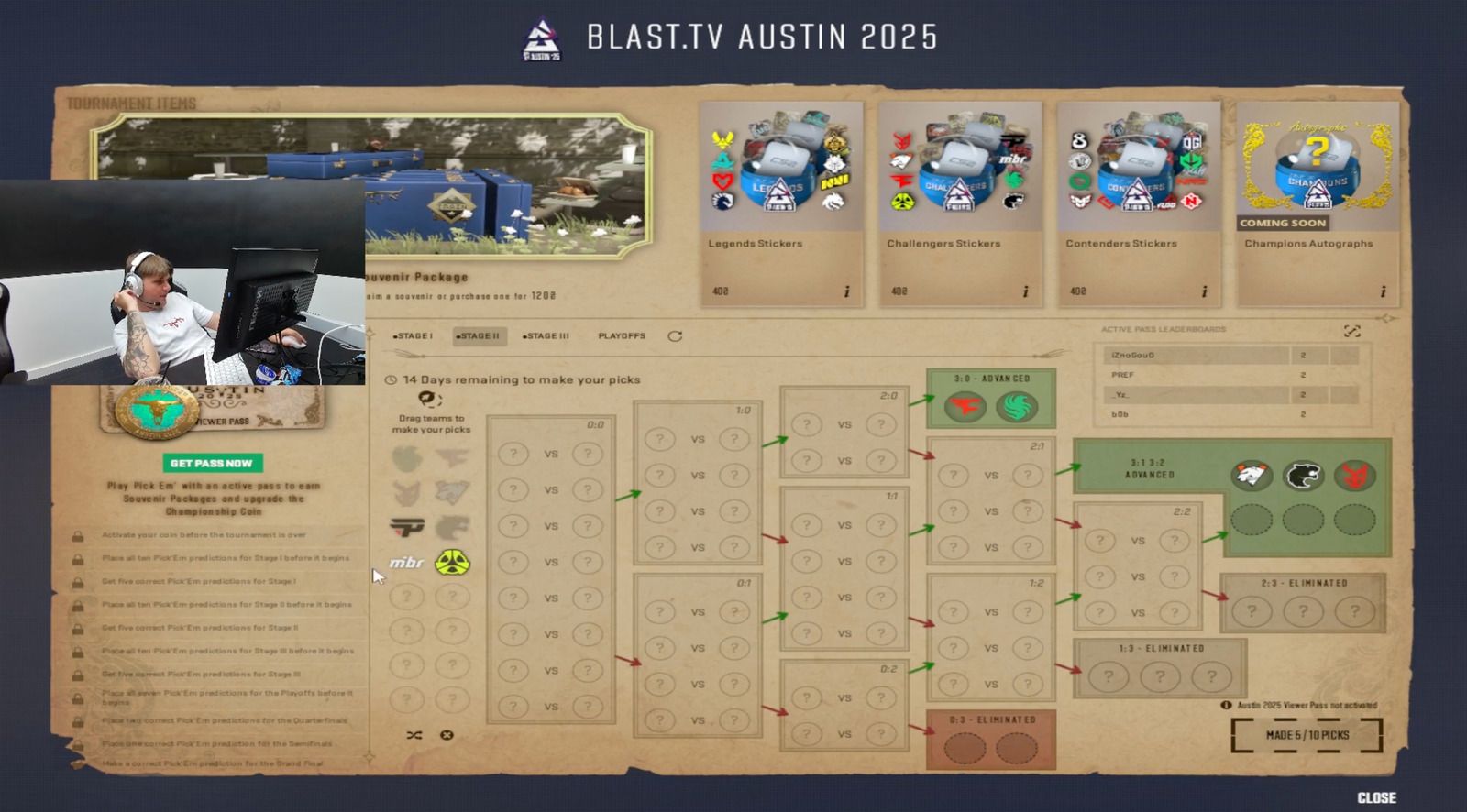 Прогнозы s1mple в Pick'Em Challenge на BLAST.tv Austin Major 2025 | Источник: канал s1mple на Twitch
