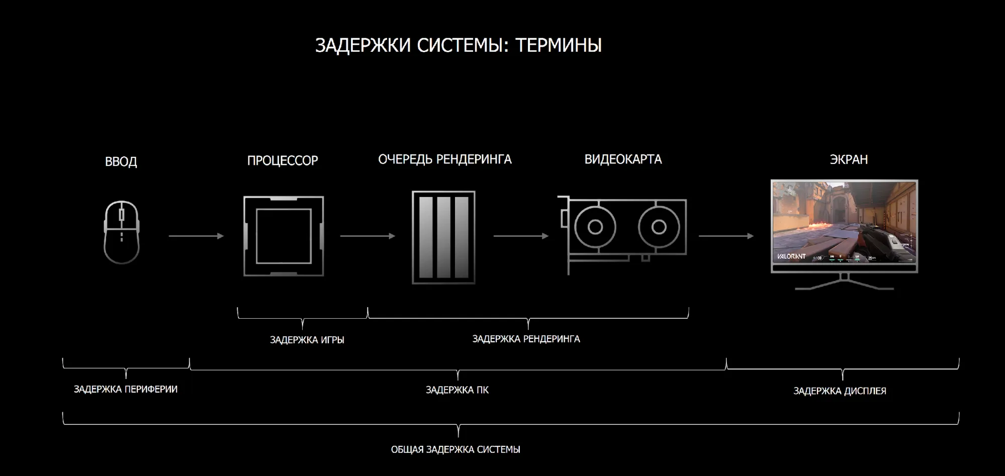  Задержка реакции складывается из множества компонентов. Быстрый монитор сокращает ее на конечном этапе, а NVIDIA Reflex &mdash; внутри компьютера.