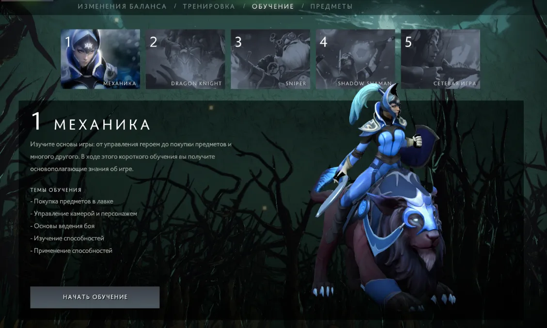 Раздел с обучением в Dota 2