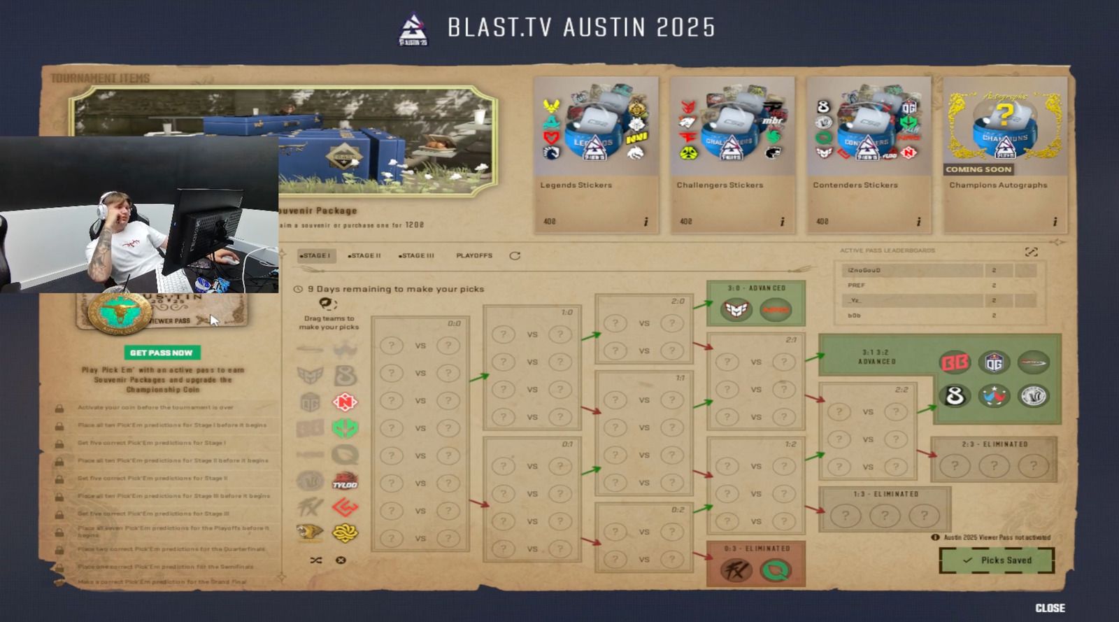 Прогнозы s1mple в Pick'Em Challenge на BLAST.tv Austin Major 2025 | Источник: канал s1mple на Twitch