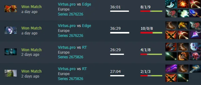 V-Tune в первых матчах за Virtus.pro. Источник: Dotabuff