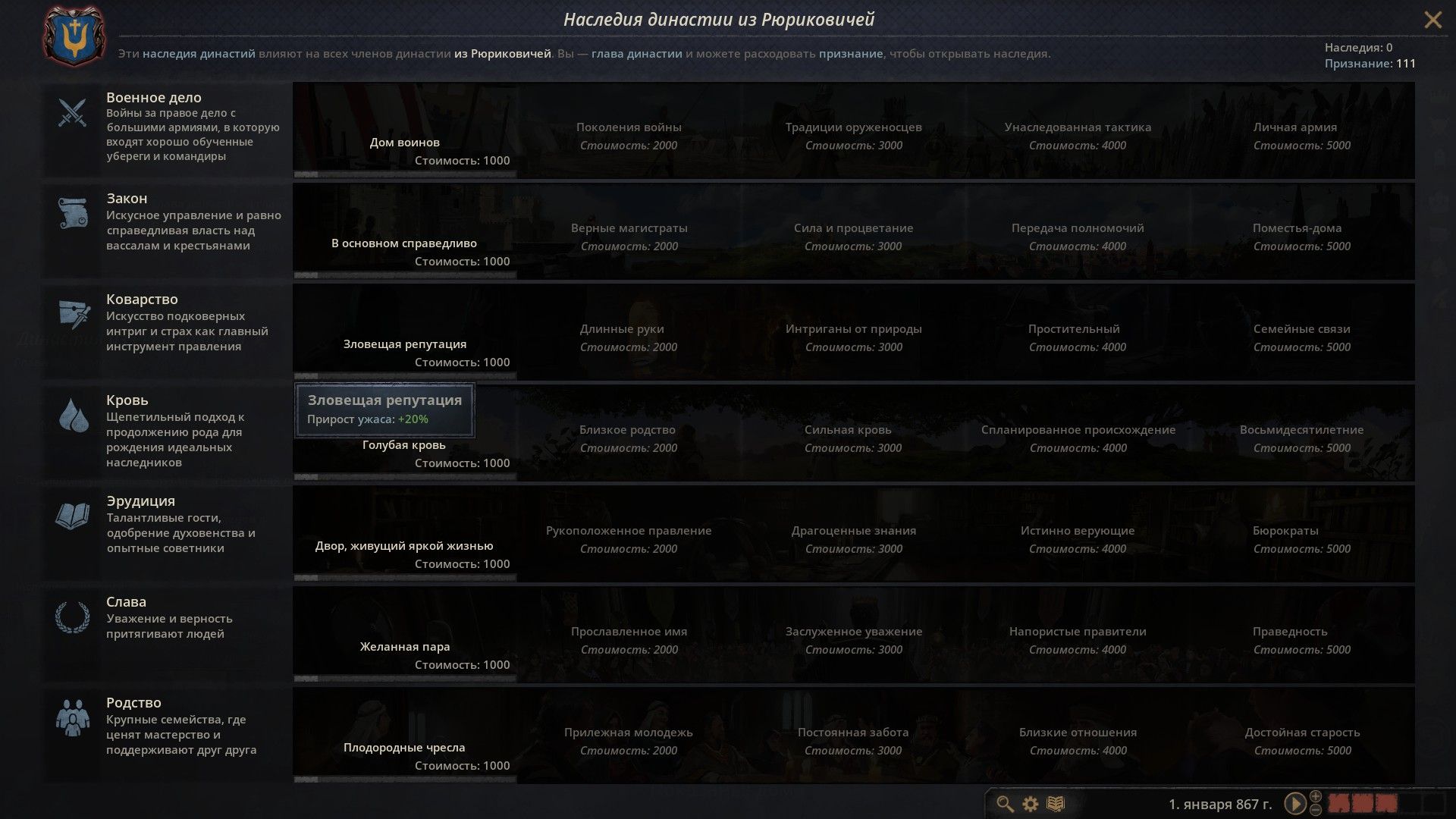 На очки признания можно купить бонусы для династии