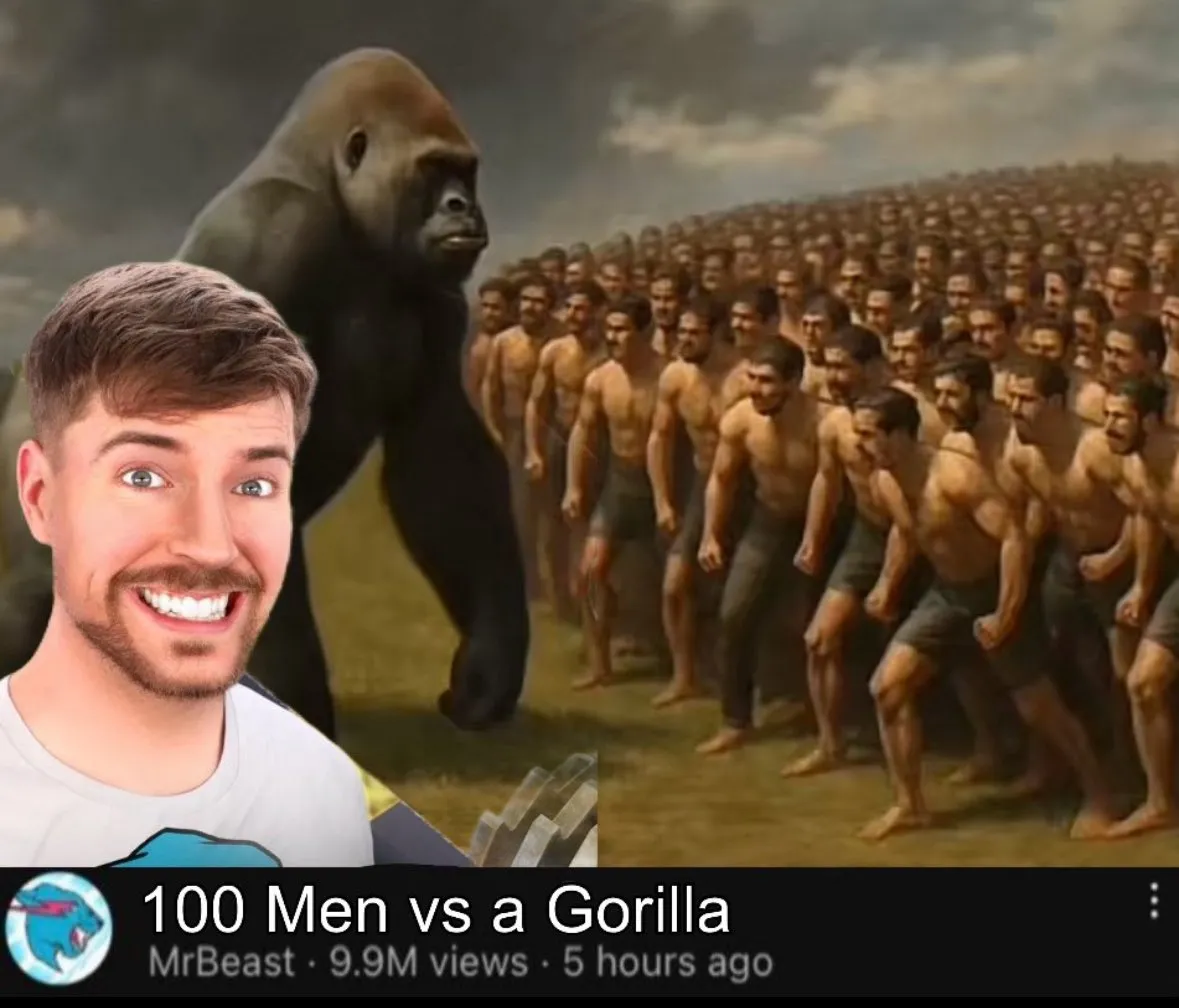 Мем с превью ролика MrBeast «100 человек против гориллы» | Источник: MrBeast в X