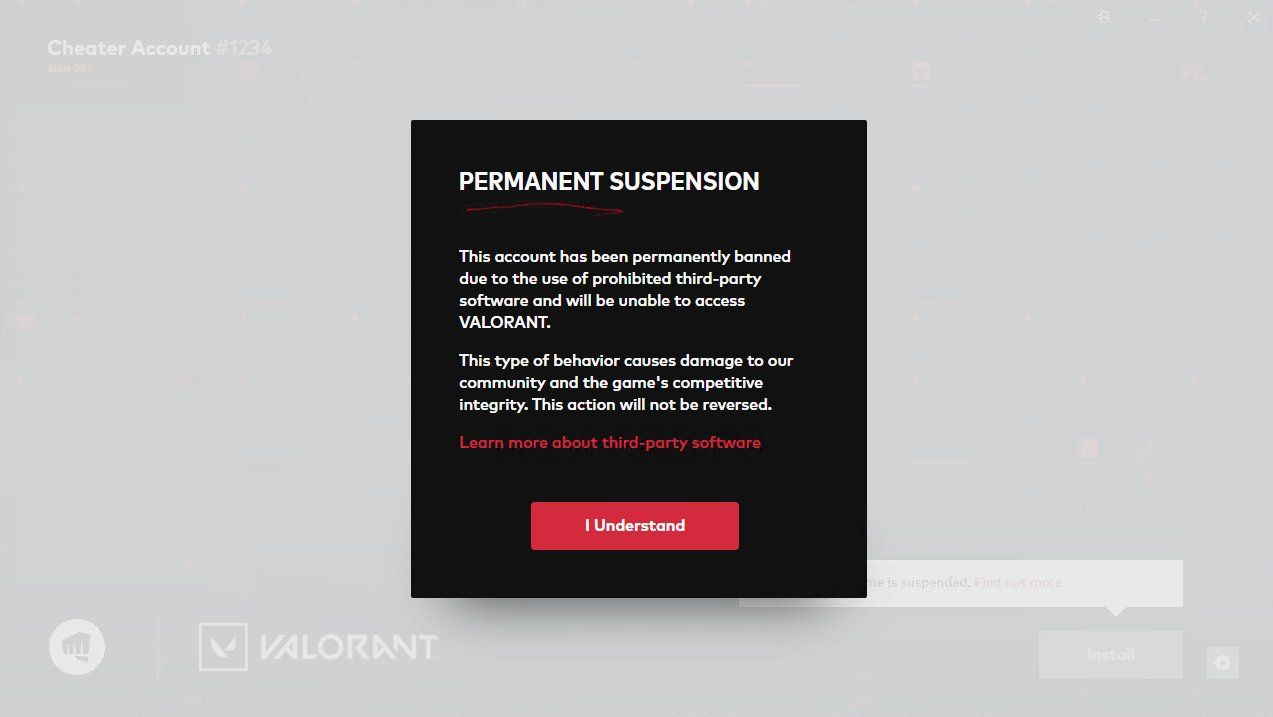  Эта учетная запись была навсегда заблокирована из-за использования запрещенного программного обеспечения от сторонних производителей, поэтому не получит доступ к Valorant. Такое поведение вредит нашему сообществу и соревновательному духу игры. Это решение не будет отменено.